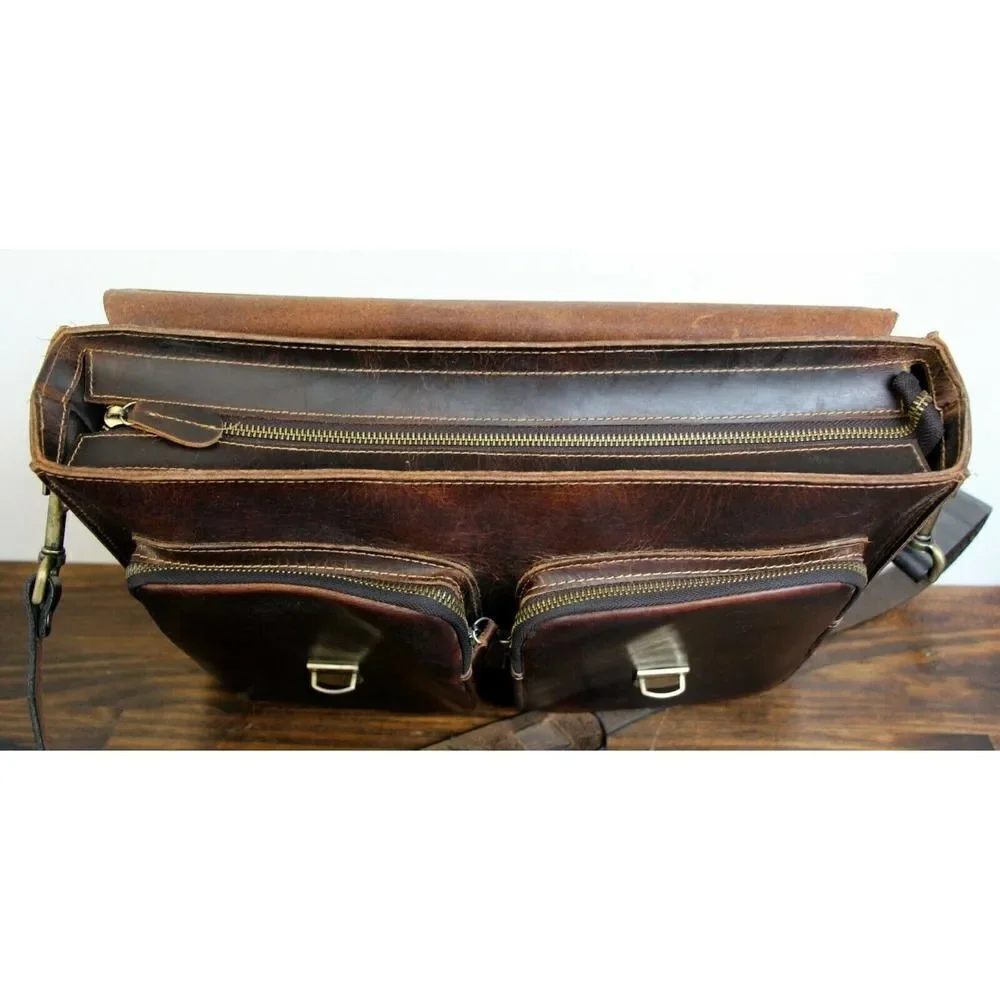 NATURAL WAX BROWN HEAVY GENUINE LEATHER BUSINESS SHOULDER BAG ATTACHE BRIEFCASE - Picture 9 of 11